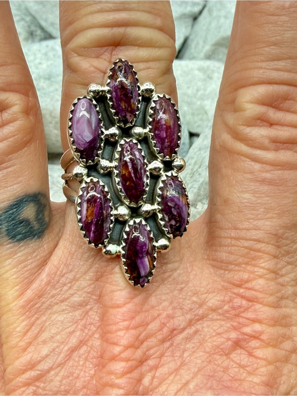 Native American Sterling Silver Purple Spiny Oyster 7-Stone Ring Roberta Begay - Picture 16 of 17